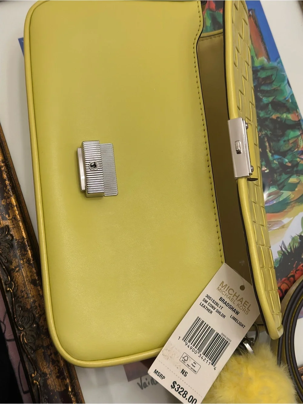 Michael Kors Yellow Woven Leather Shoulder Bag with Pom Pom Charm